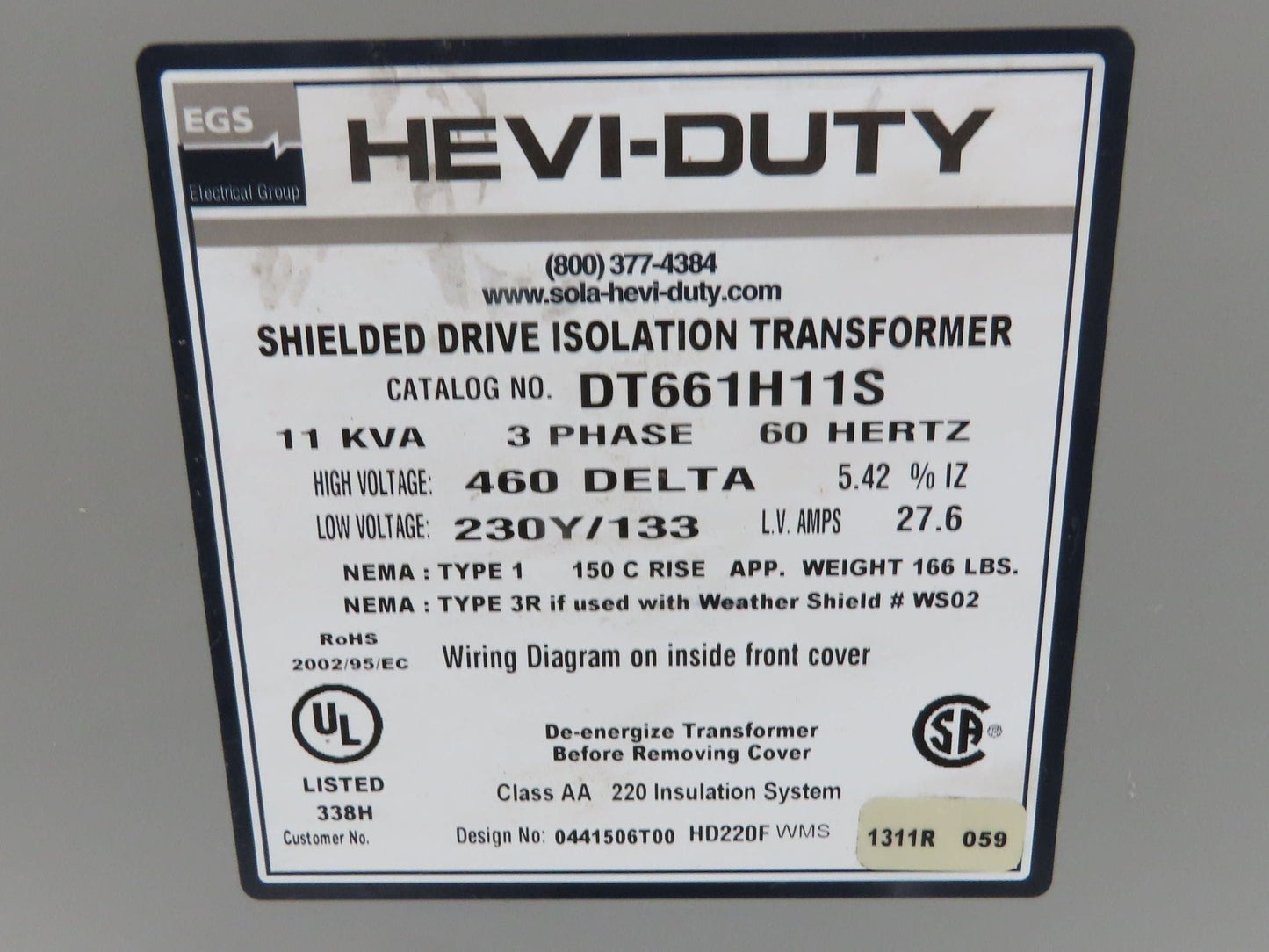Hevi-Duty Shielded Drive Isolation Transformer 11kva HV 460 Delta LV 230Y/133