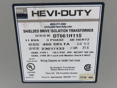 Hevi-Duty Shielded Drive Isolation Transformer 11kva HV 460 Delta LV 230Y/133
