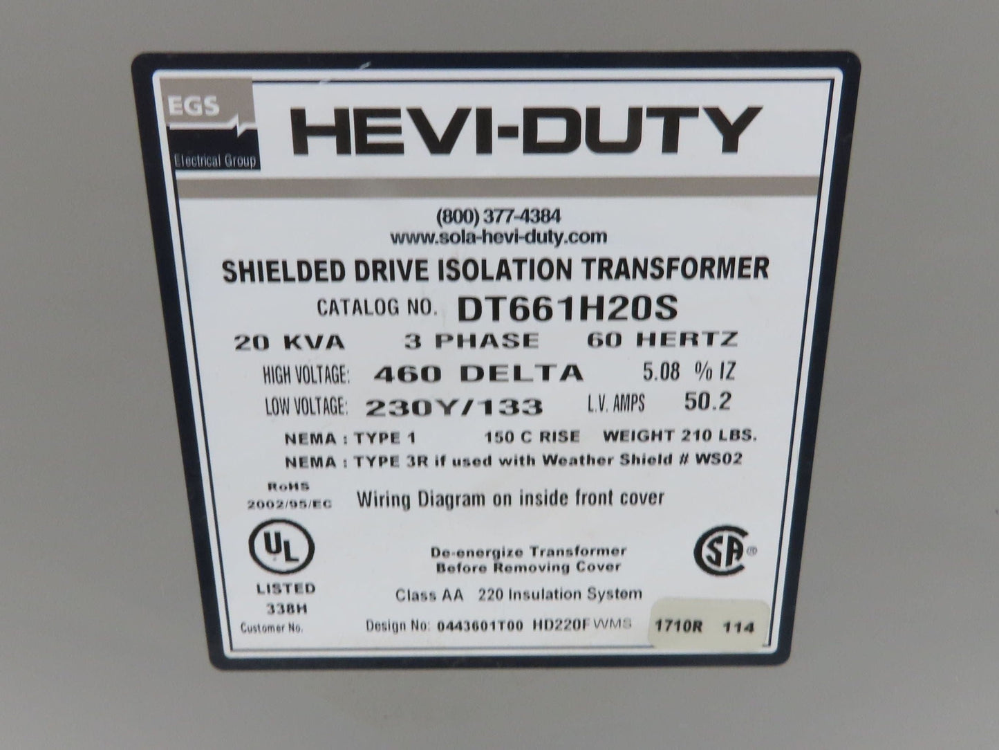 Hevi-Duty Shielded Isolation Transformer 20kva 3ph HV 460 Delta LV 230Y/133