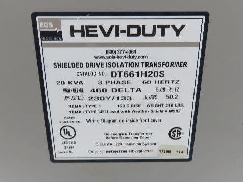 Hevi-Duty Shielded Isolation Transformer 20kva 3ph HV 460 Delta LV 230Y/133