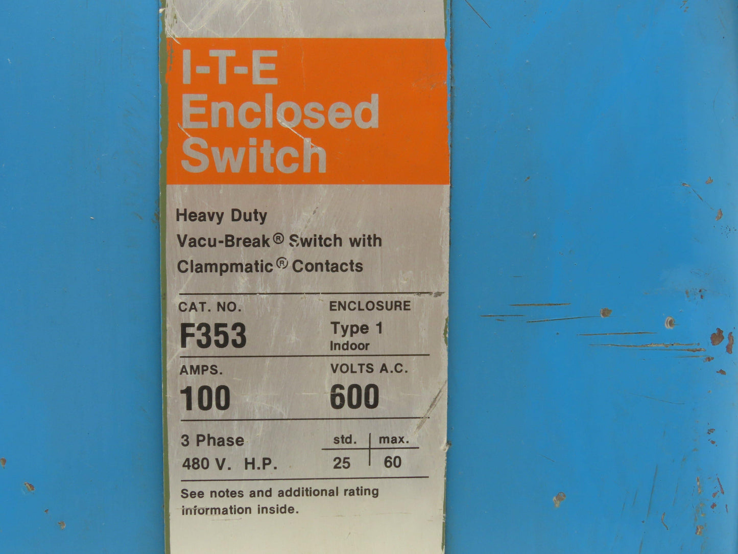 Siemens F-353 I-T-E Enclosed Switch Fusible 100A 600VAC 3-Pole Type 1