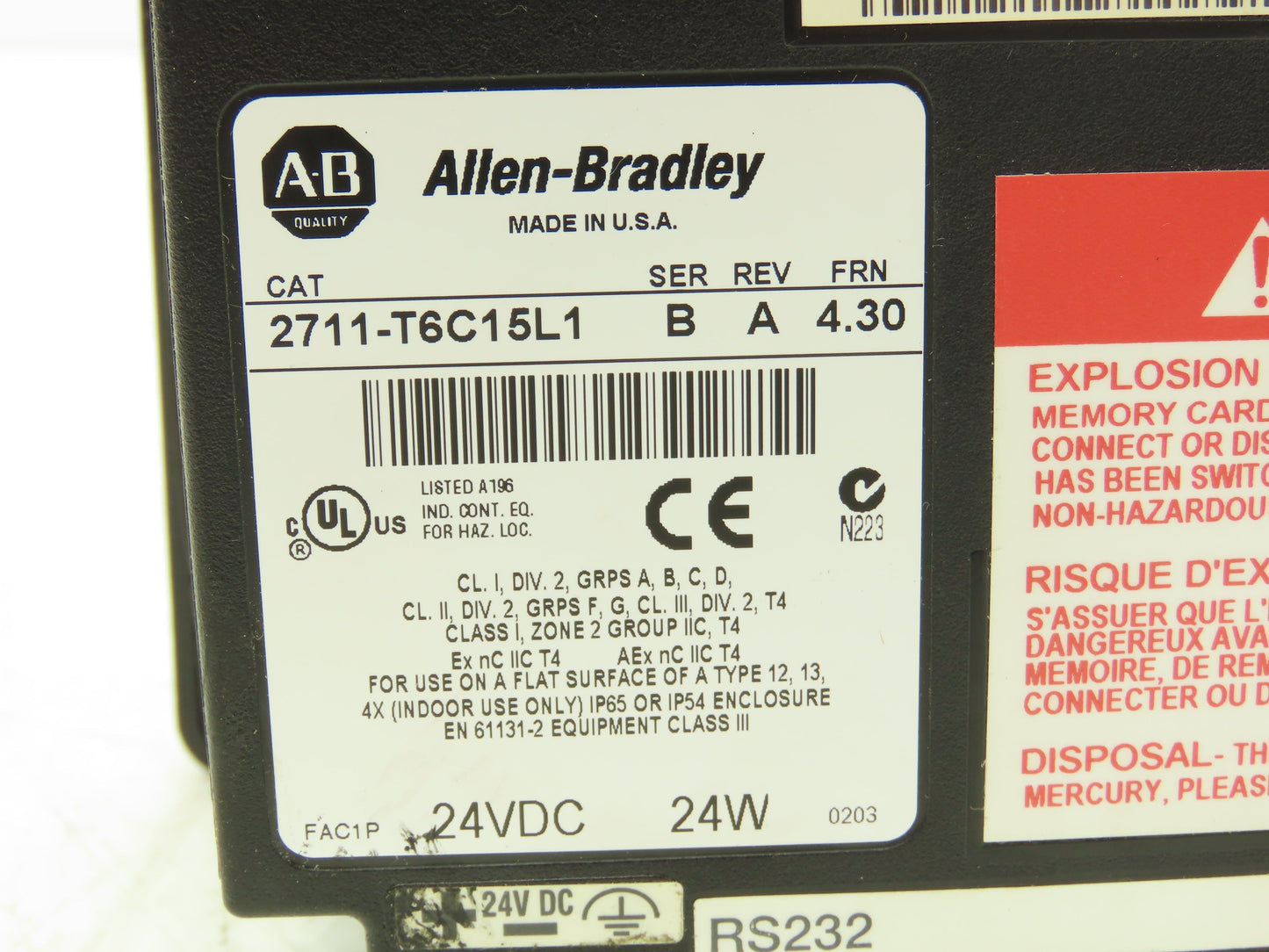 Allen Bradley 2711-T6C15L1 Panelview 600 HMI Control Panel Ser B Rev A FRN 4.30