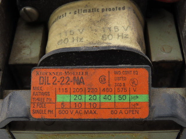 Eaton DIL 2-22-NA Contactor Motor Starter 3-Pole 600v 50Hp 60A Coil 115v