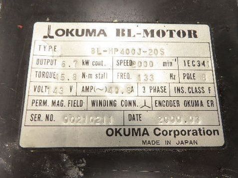 Okuma BL-MP400J-20S AC Servo Motor 6.7kW 2000 RPM 143V 3PH