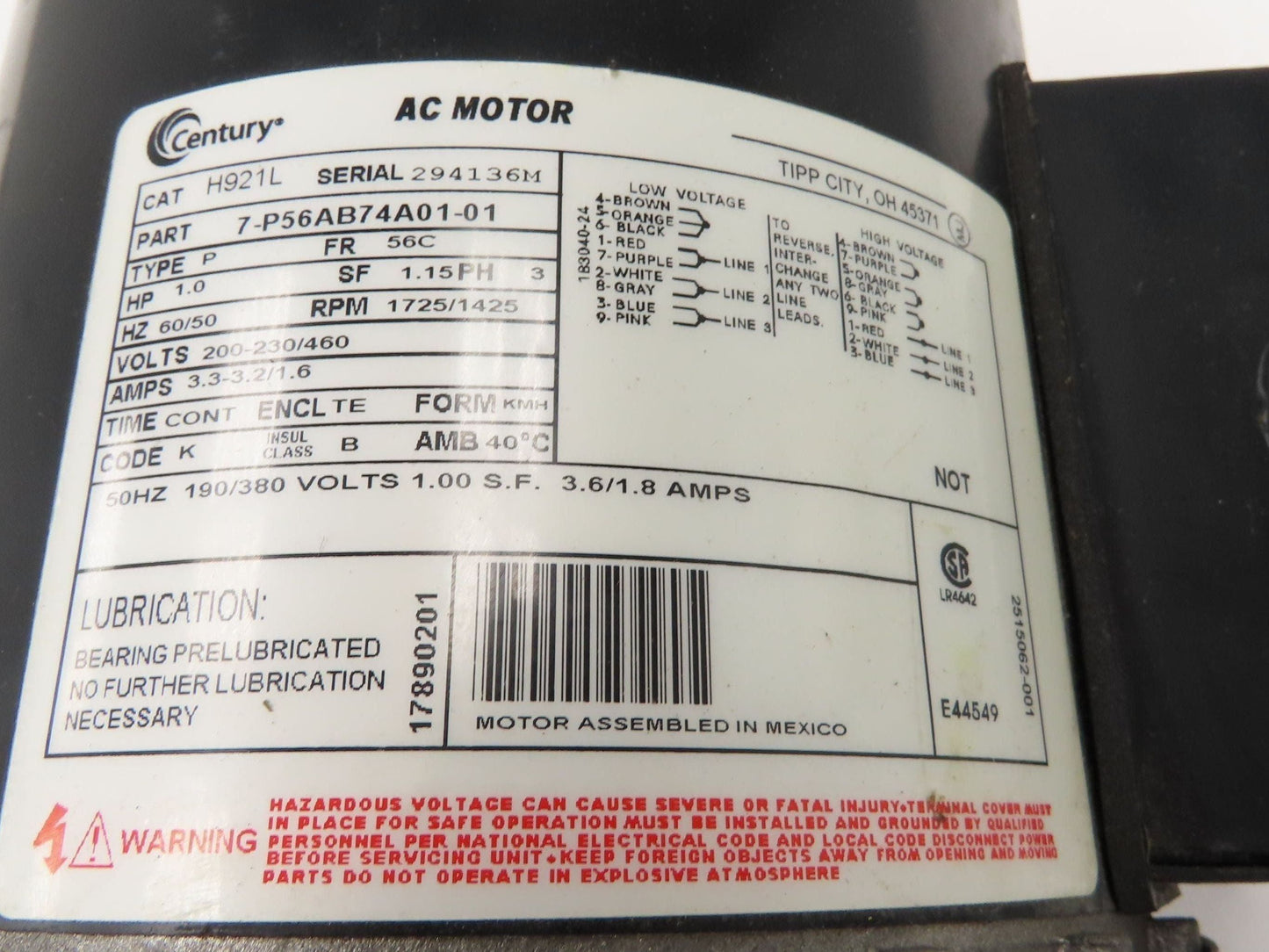 Century H921L AC Motor 1Hp 1725rpm 200-230/460v 3ph 56C TE