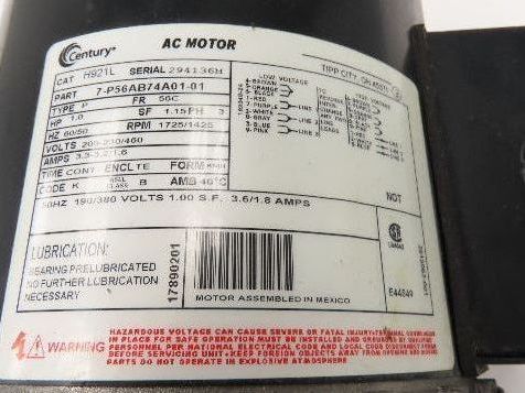 Century H921L AC Motor 1Hp 1725rpm 200-230/460v 3ph 56C TE