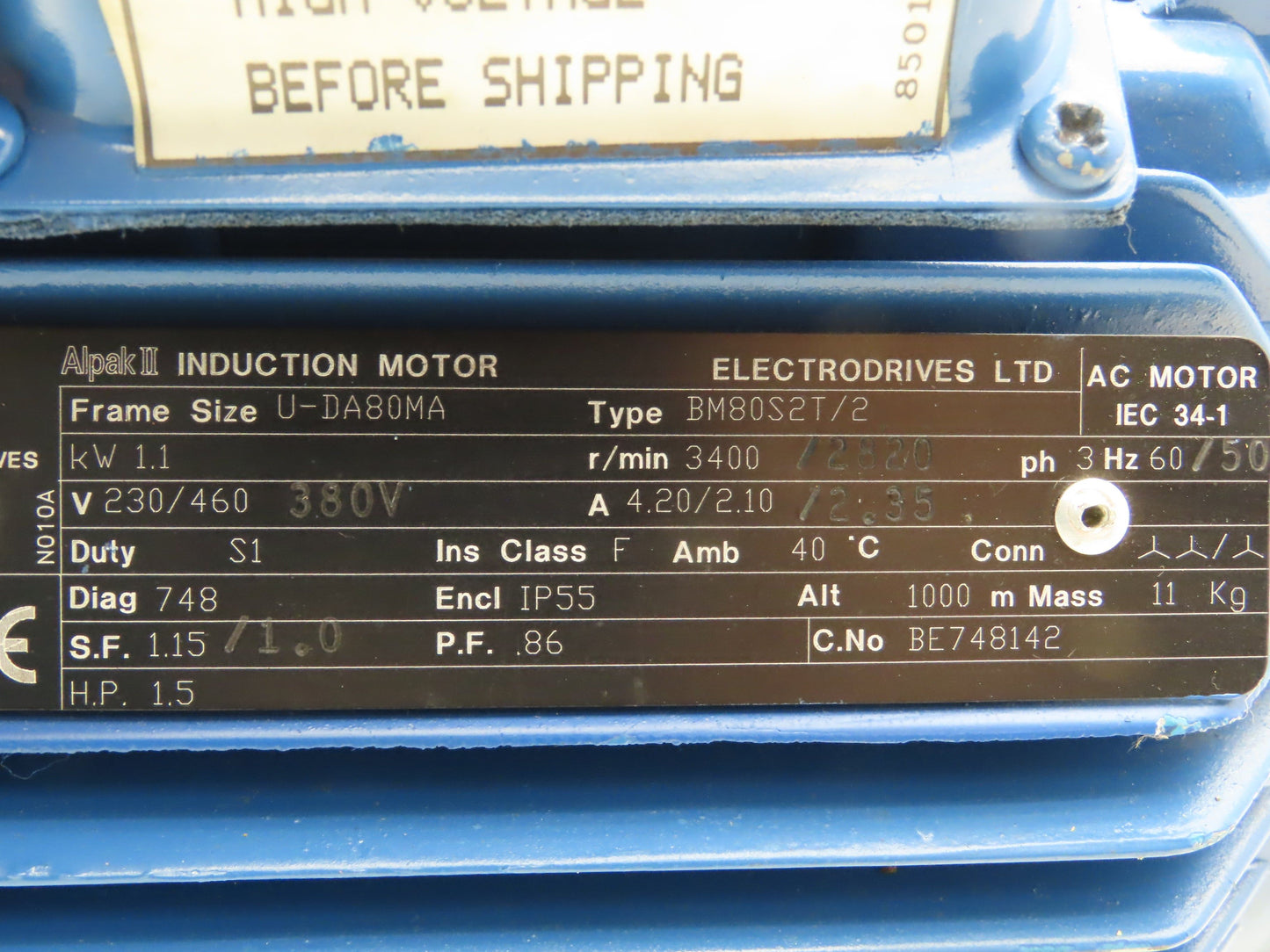 Electrodrives BM80S2T/2 Alpak II Brake Motor 1.1kw 3400rpm 230/460V 3PH IEC 80MA