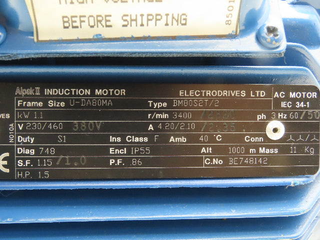 Electrodrives BM80S2T/2 Alpak II Brake Motor 1.1kw 3400rpm 230/460V 3PH IEC 80MA