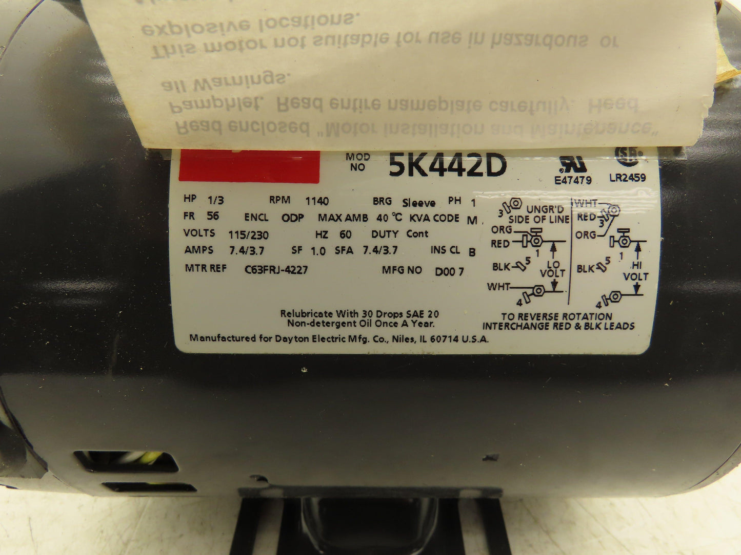 Dayton 5K442D AC Motor 1/3Hp 1140rpm 115/230V 1ph 56 Frame ODP