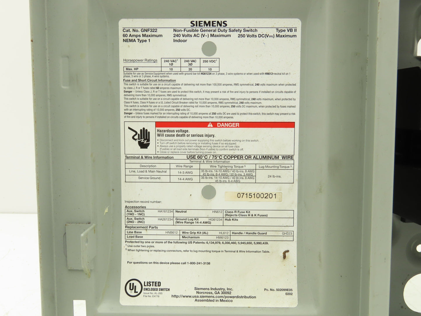 Siemens GNF322 Safety Switch Disconnect Non Fusible 60A 240VAC 250VDC HP Rated