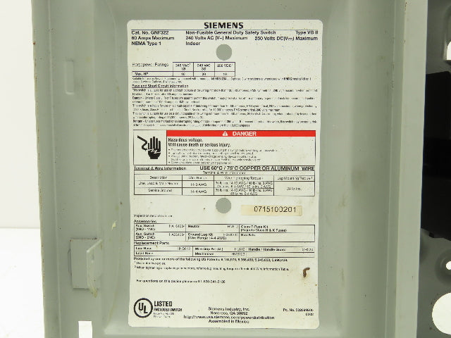 Siemens GNF322 Safety Switch Disconnect Non Fusible 60A 240VAC 250VDC HP Rated