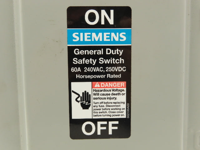 Siemens GNF322 Safety Switch Disconnect Non Fusible 60A 240VAC 250VDC HP Rated
