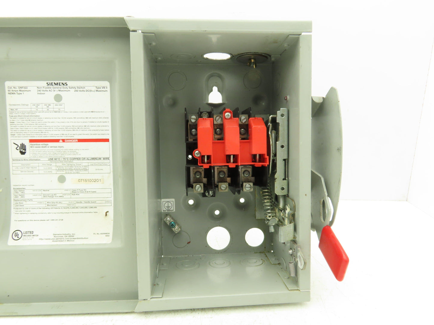 Siemens GNF322 Safety Switch Disconnect Non Fusible 60A 240VAC 250VDC HP Rated