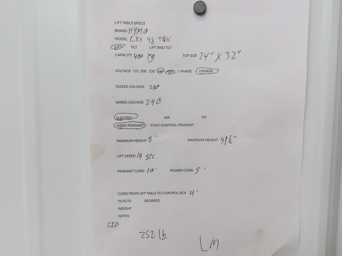 Hymo CXX4-8 Hydraulic Scissor Lift Table 400kg 880lb 36" Travel 24x31" 240V 3Ph