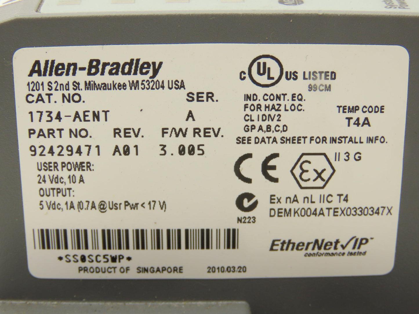 Allen Bradley 1734-AENT PLC Module Rack Ethernet Interface I/O Ser A Rev A01