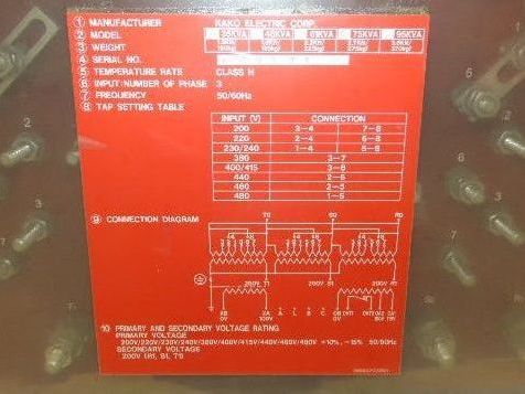 Kako KT42-23 Stepdown Power Transformer 75kva 3Ph HV 200/230/380/460/480 LV 200