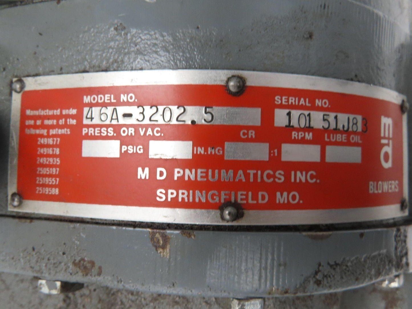MD-Pneumatics 46A-3202.5 Positive Displacement Rotary Lobe Blower 1.5"NPT