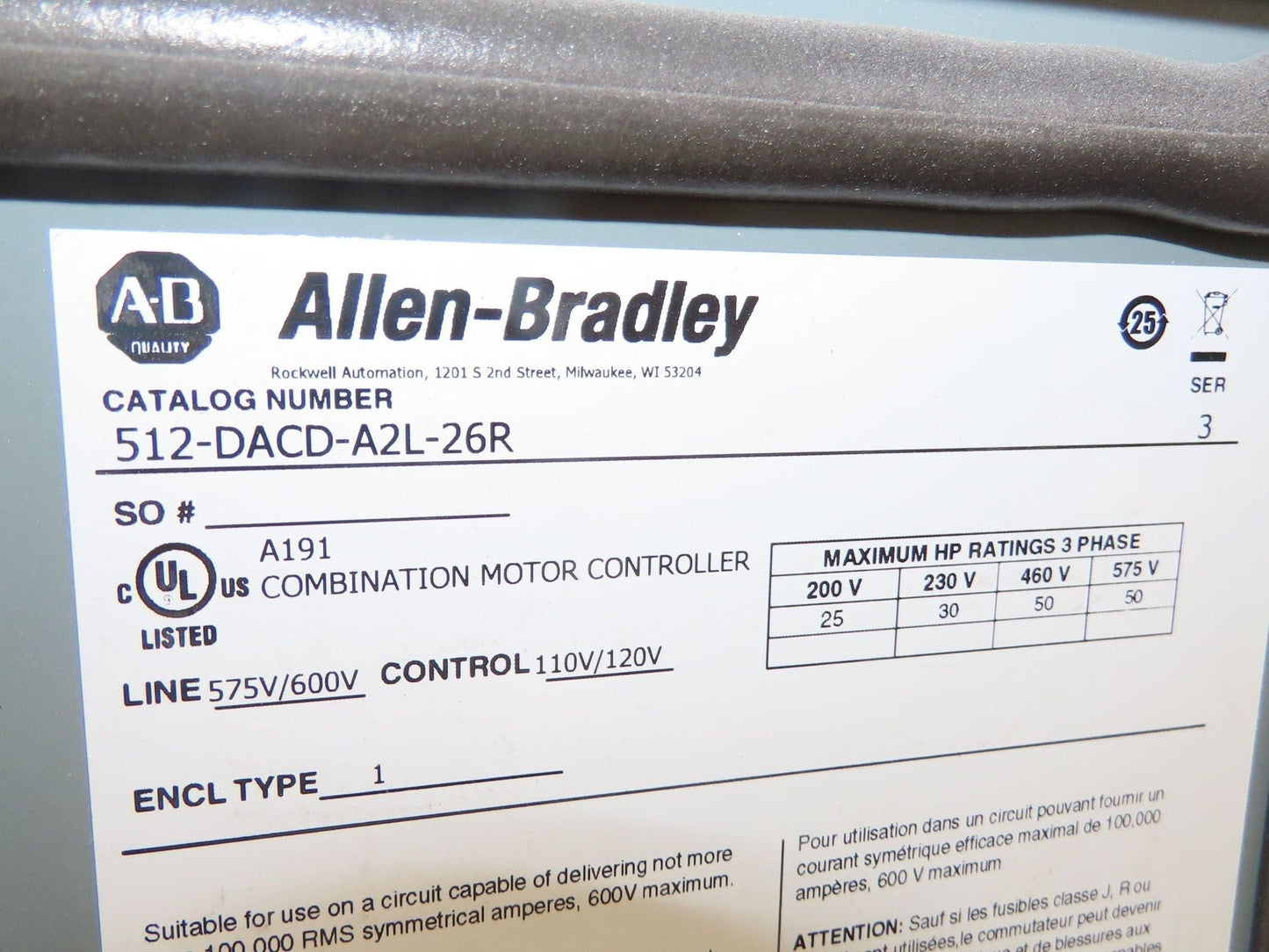 Allen Bradley 512-DACD-26R Combination Motor Starter Sz 3 NEMA 50HP 480V Fused