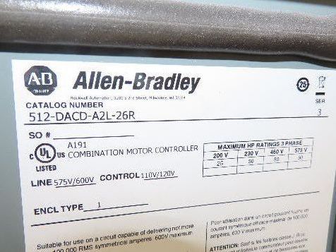 Allen Bradley 512-DACD-26R Combination Motor Starter Sz 3 NEMA 50HP 480V Fused