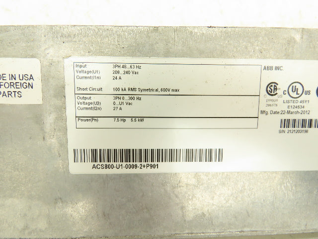 ABB ACS800-U1-0009-2+P901 VFD 3Ph 208-240Vac In 7.5Hp 208-240V 27A 300Hz Out
