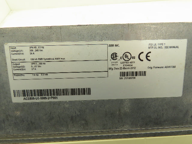 ABB ACS800-U1-0009-2+P901 VFD 3Ph 208-240Vac In 7.5Hp 208-240V 27A 300Hz Out