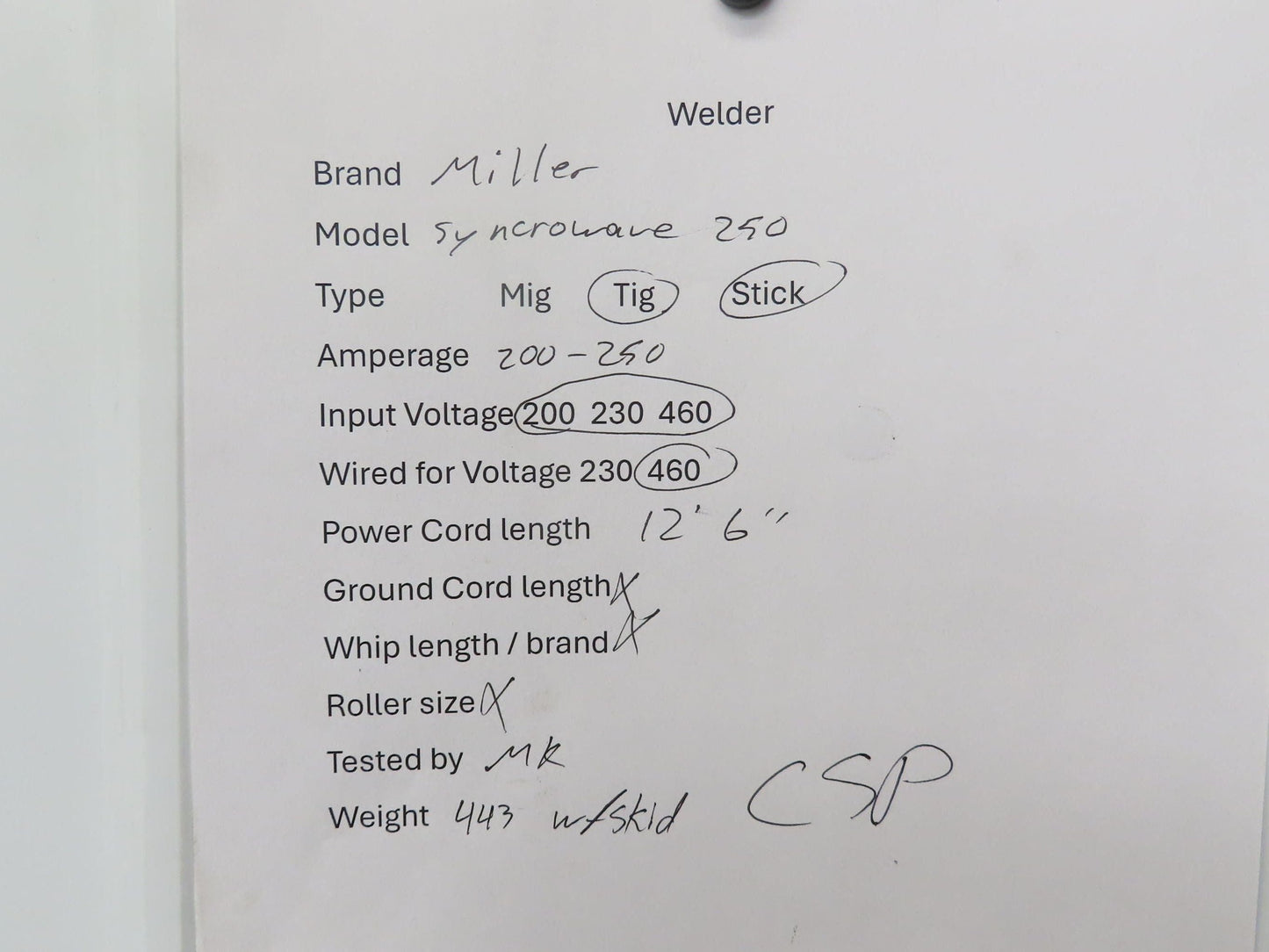 Miller Syncrowave 250 Arc Welding Power Source CC AC/DC Constant Current