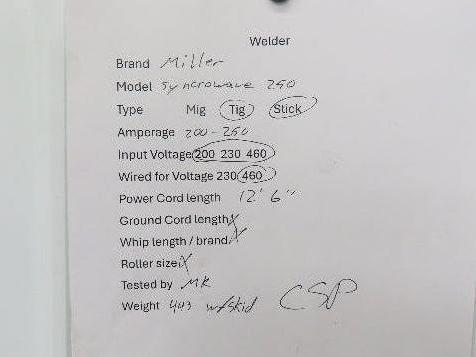 Miller Syncrowave 250 Arc Welding Power Source CC AC/DC Constant Current