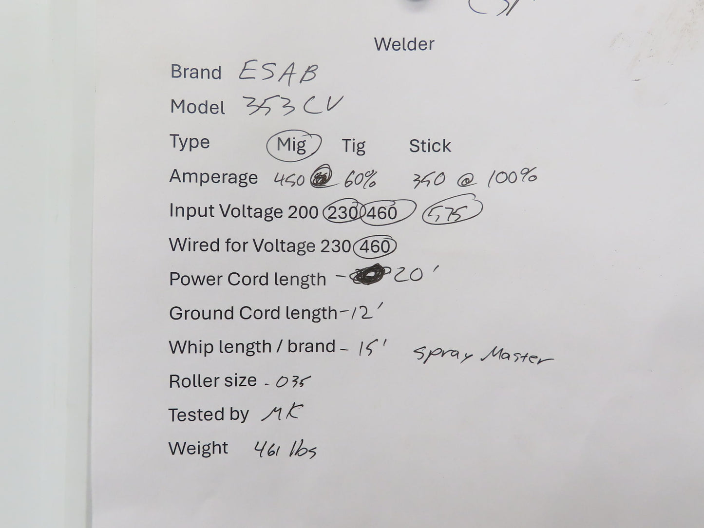 ESAB 353CV Mig Welder 450 amp DC Arc Mig 4HD Wire Feeder 230/460v/575V 3PH