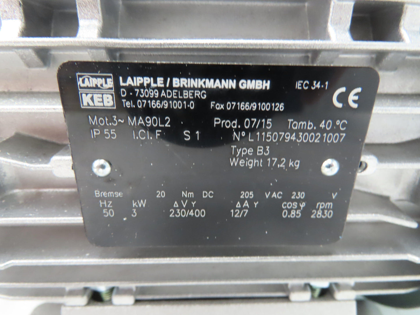 Laipple KEB MA90L2 Brake Motor 3kW 4Hp 3400 RPM 230/400-460V 3PH IEC 90L Frame