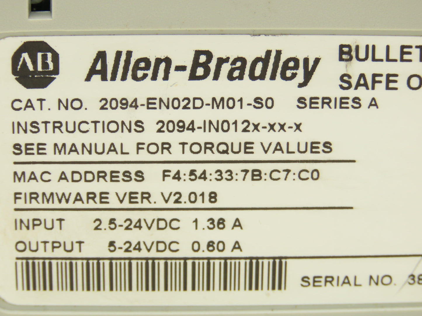 Allen Bradley 2094-EN02D-M01-S0 Control Module Kinetix 6500 Safe Off Ser A 24VDC