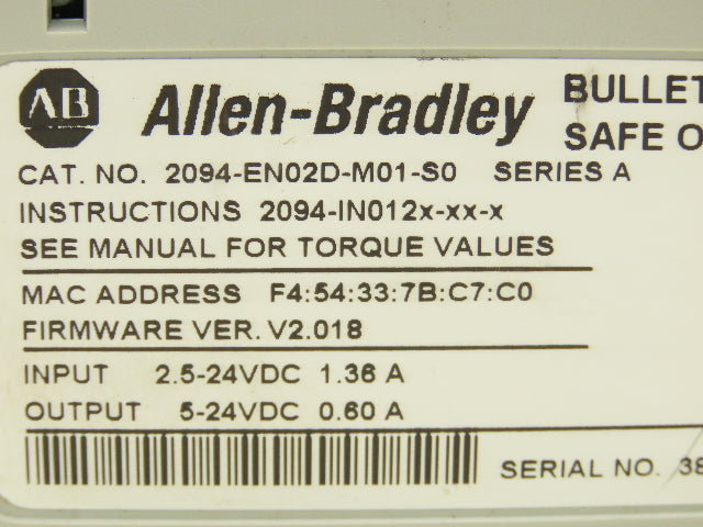 Allen Bradley 2094-EN02D-M01-S0 Control Module Kinetix 6500 Safe Off Ser A 24VDC