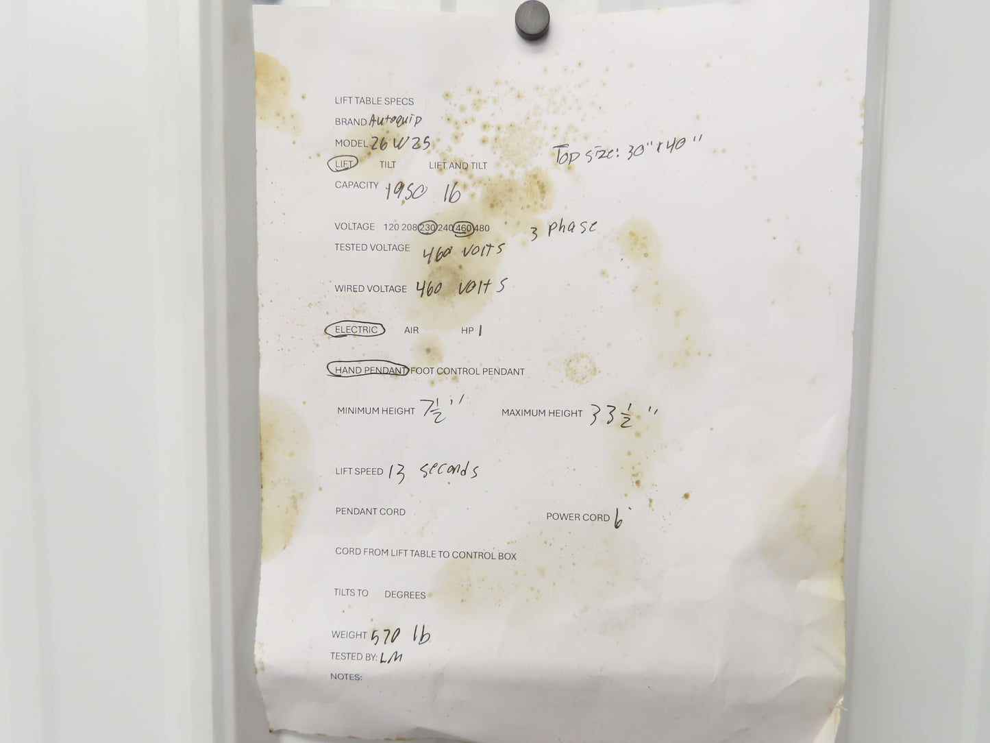 Autoquip 26W25 Hydraulic Scissor Lift Table 2000lb 26" Travel 30x40" Top 3Ph