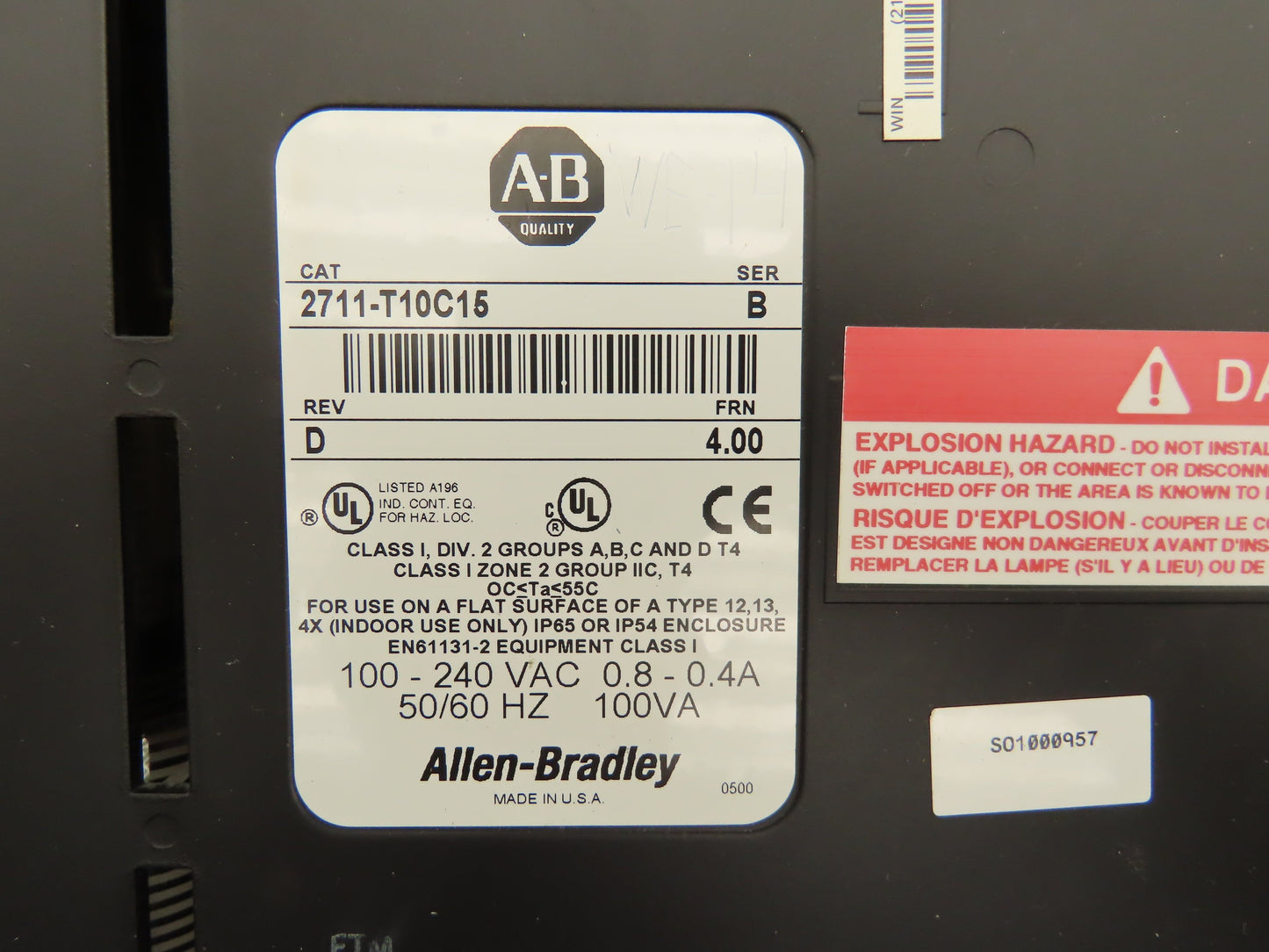 Allen Bradley 2711-T10C15 PanelView 1000 HMI Control Panel Ser B Frn 4.00