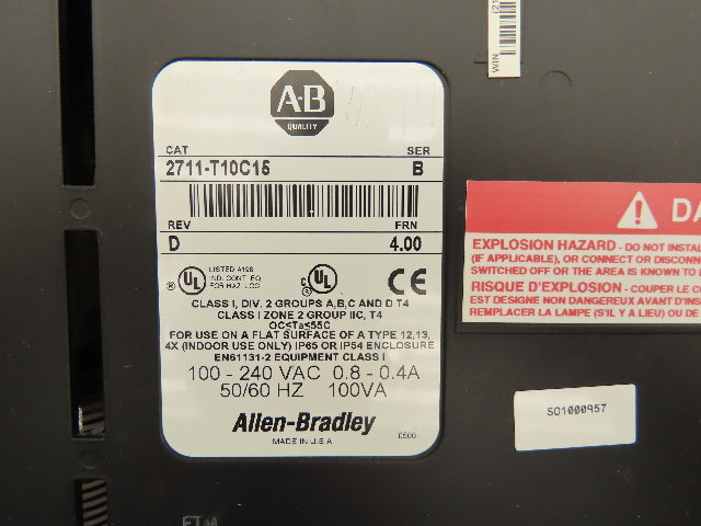 Allen Bradley 2711-T10C15 PanelView 1000 HMI Control Panel Ser B Frn 4.00