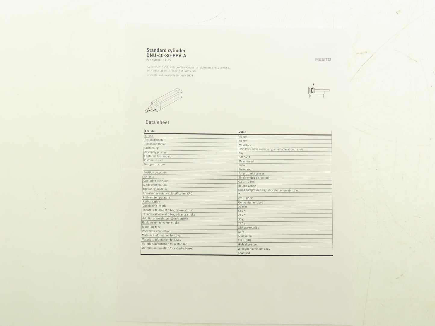 Festo DNU-40-80-PPV-A Pneumatic Air Cylinder 40mm Bore 80mm Stroke