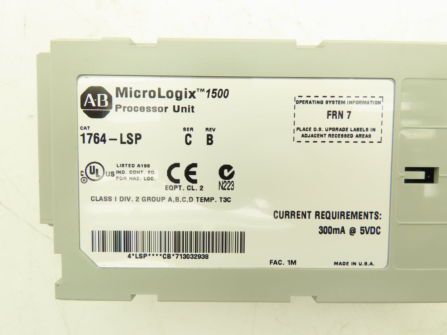 Allen Bradley 1764-LSP MicroLogix 1500 LSP Processor Unit Ser C Rev B FRN 7