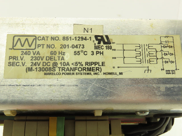 Marelco M-13008S Transformer 230VAC 3Ph Input 24VDC 10A Output 240VA .24kVA