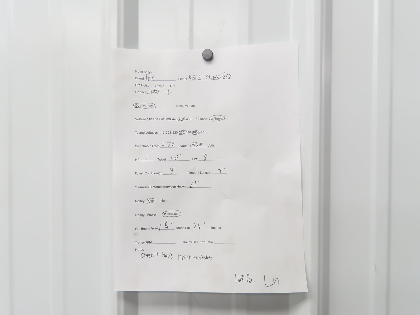 Yale KEL 2 Ton Electric Chain Hoist 8 FPM 10' Lift 230/460 Volt 3PH Trolley