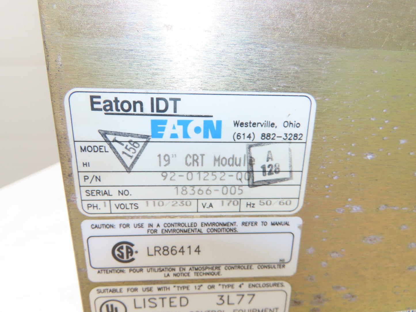 Eaton 19" CRT Module Monitor Screen Display 110/230v 1Ph 60Hz