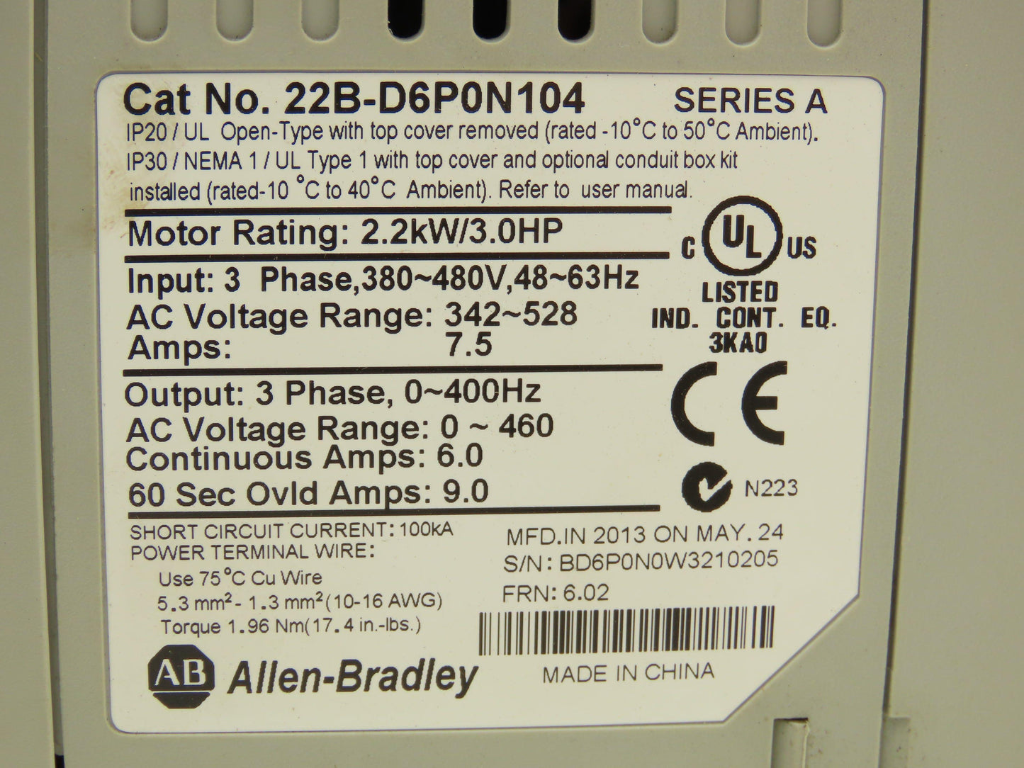 Allen Bradley 22B-D6P0N104 PowerFlex 40 Variable AC Drive VFD 3HP 480V 3PH