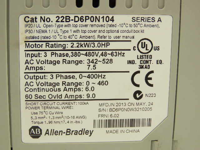 Allen Bradley 22B-D6P0N104 PowerFlex 40 Variable AC Drive VFD 3HP 480V 3PH