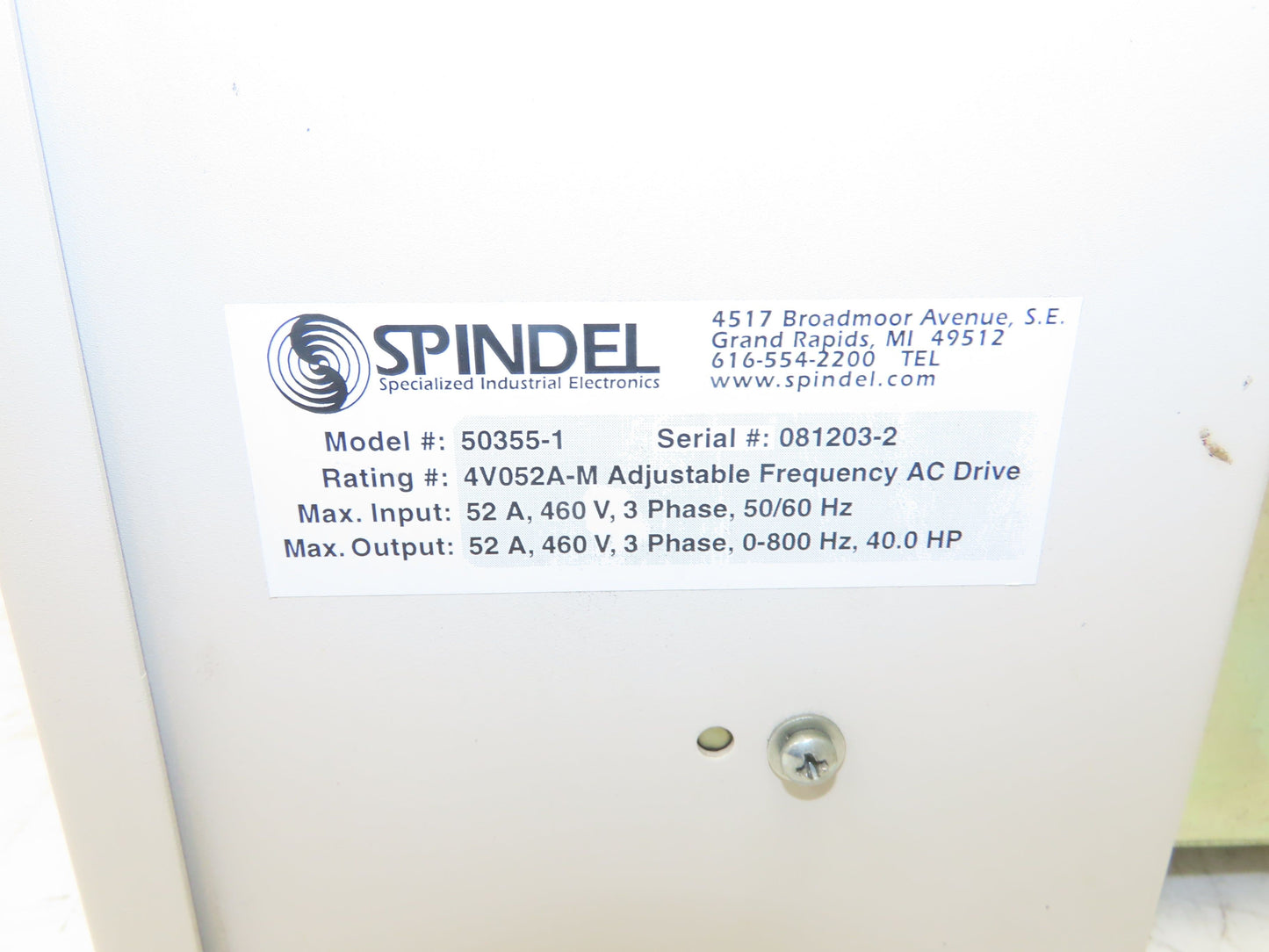 Spindel 50355-1 Adjustable Frequency AC Drive 3Ph 460V In 40Hp 460v 52A 800Hz