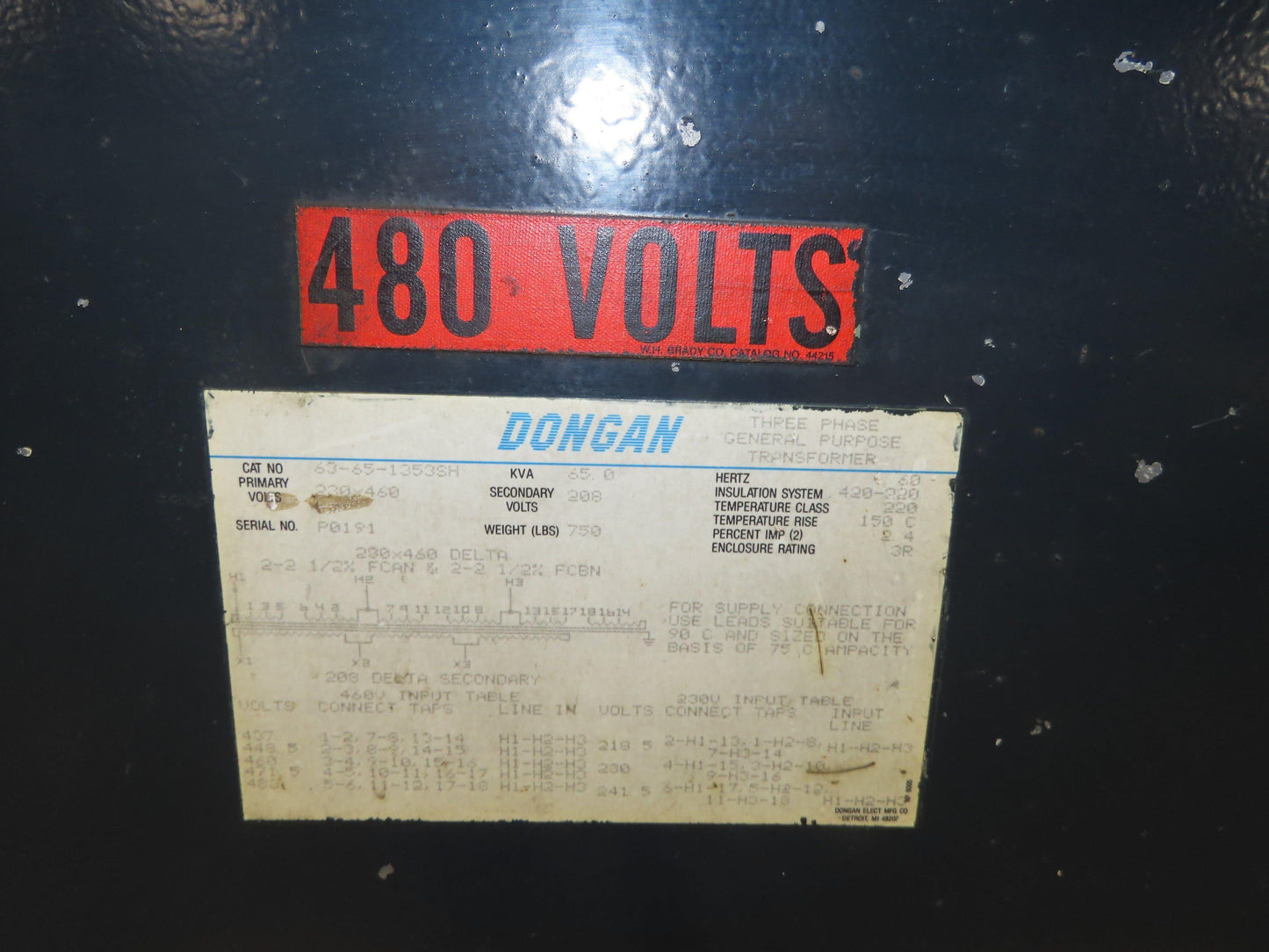 Dongan 63-65-1353SH General Purpose Transformer 65KVA 3Ph HV 230/480V LV 208V