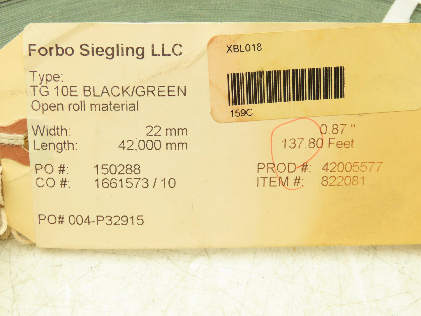 Forbo Siegling TG 10E Flat Conveyor Belt 22mm x 137' Green Fabric Machine Tape