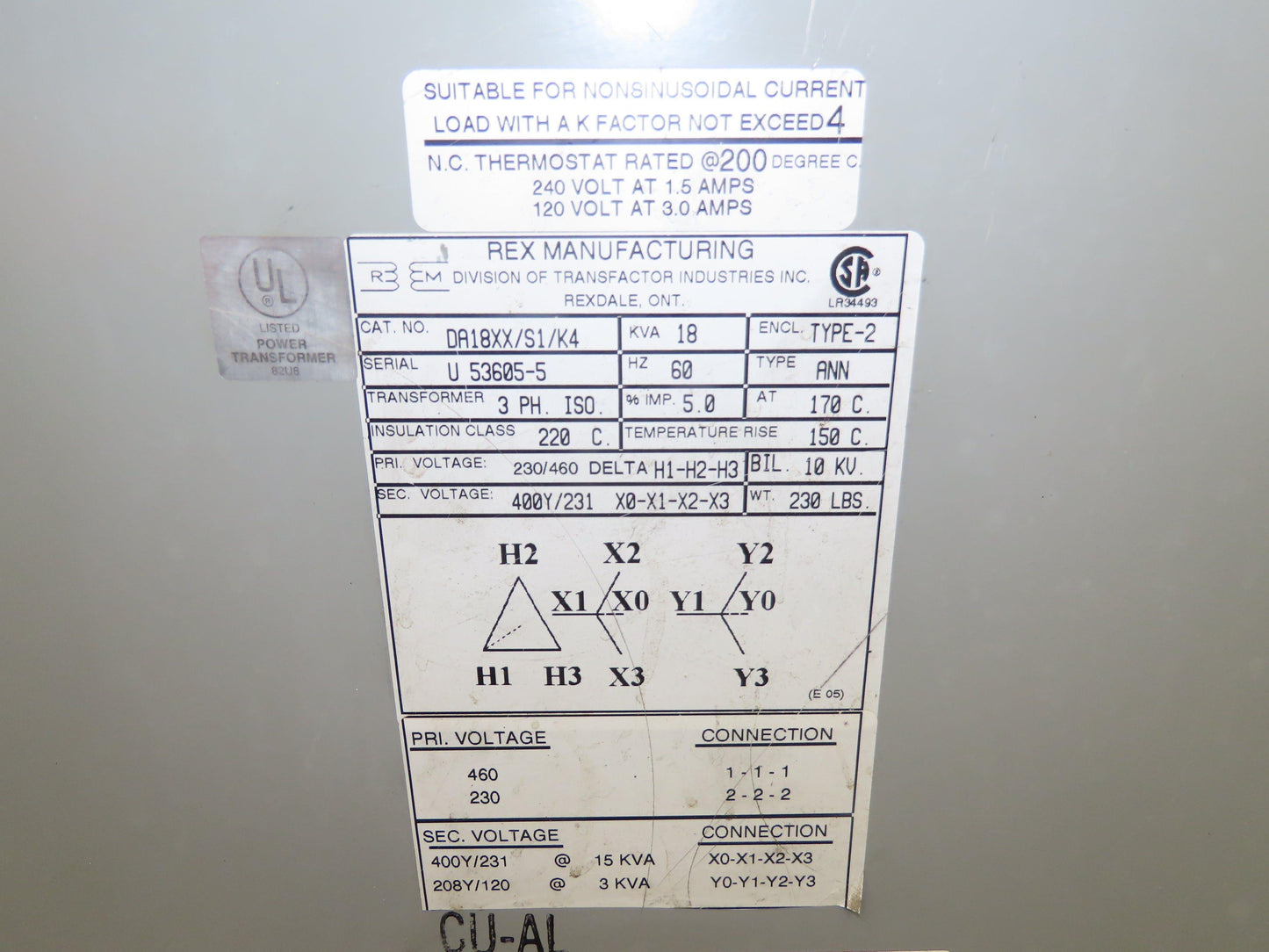 Rex DA18XX/S1/K4 Power Isolation Transformer 18KVA 3Ph HV 220/440 LV 400Y/231V