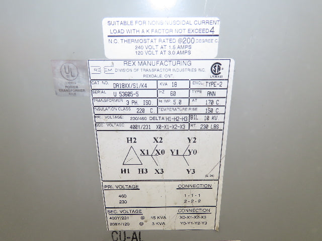Rex DA18XX/S1/K4 Power Isolation Transformer 18KVA 3Ph HV 220/440 LV 400Y/231V