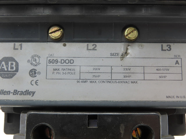 Allen Bradley 509-DOD Size 3 Motor Starter Contactor 120V Coil 90A 50Hp 600VAC