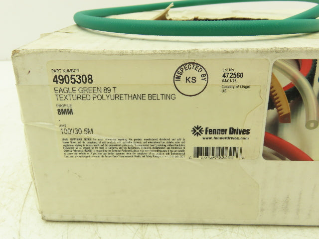 Fenner Drives 4905308 Eagle Green 89T Polyurethane Round Belting 8mm Dia 100'