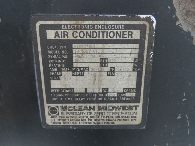 McLean 28-0326-017 Electrical Enclosure Air Conditioner 3000 BTU 230V 1Ph