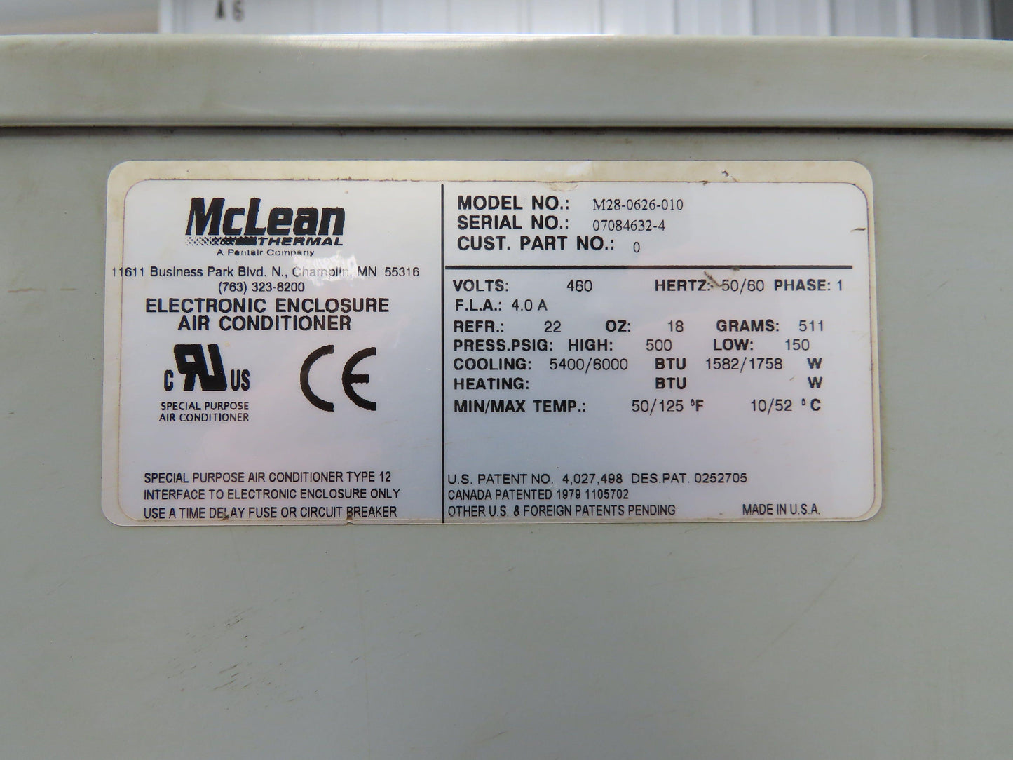 McLean M28-0626-010 Electrical Enclosure Air Conditioner 6000 BTU 460V 1Ph